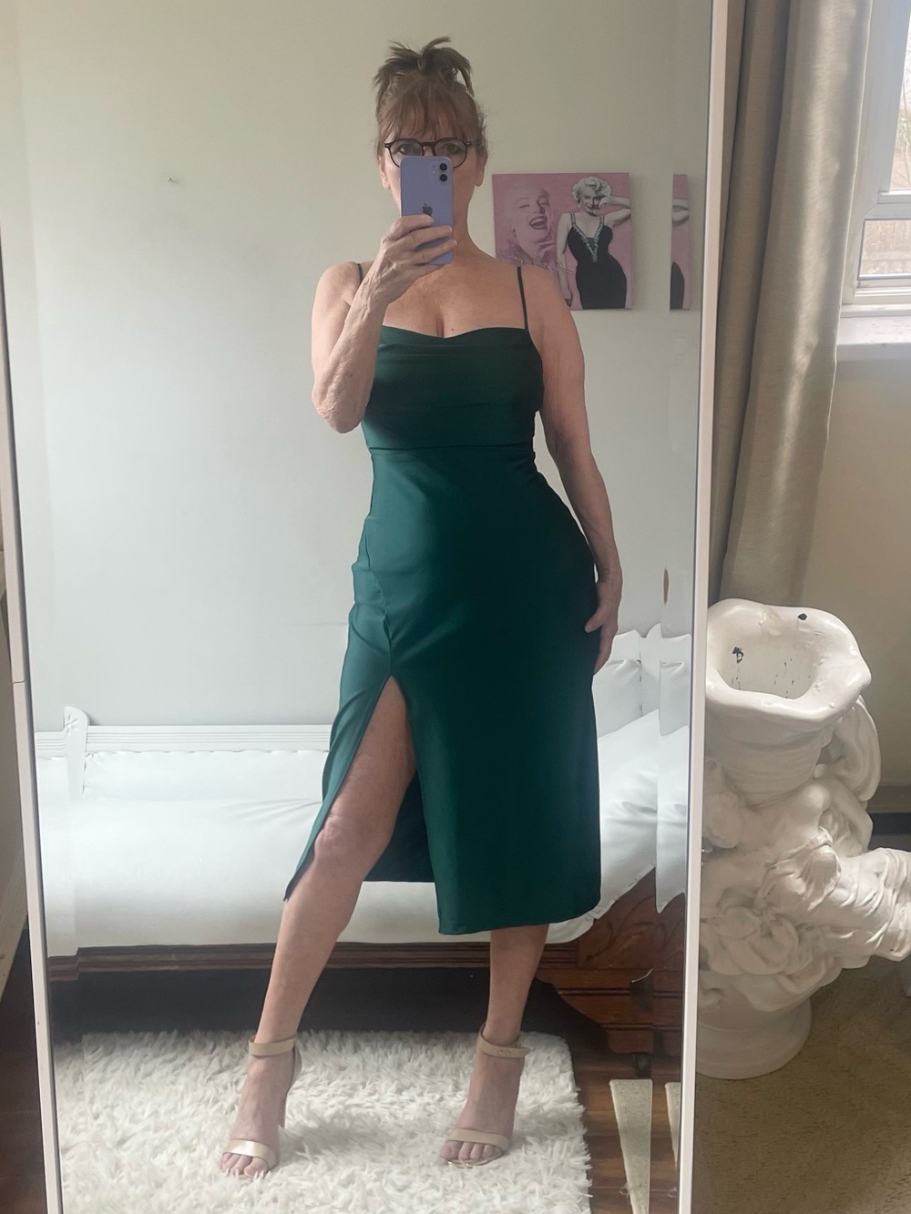 VINTAGE WINDSOR EMERALD GREEN SLIP DRESS SIDE SLIT SPAGHETTI STRAPS STRETCH